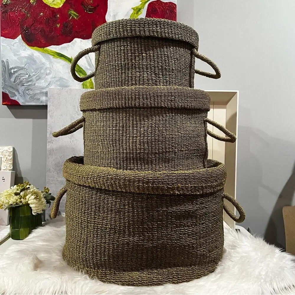 NEW Pottery Barn Round Woven Floor Nesting Storage Baskets Raffia Wicker LG Set